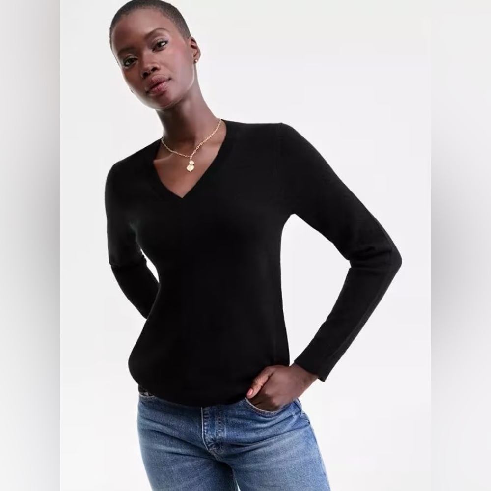 CHARTER CLUB Cashmere V Neck Long Sleeve Sweater- Black (Size XL)